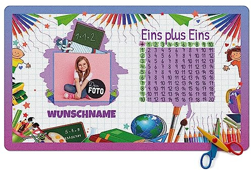 PR Print Royal Schreibtischunterlage selbst gestalten mit Foto und Name - Eins plus Eins - Rosa - Waschbar, Personalisierte Geschenke zur Einschulung | 600 x 350 mm, Rutschfest, Schreibtischschutz