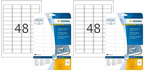Universal Etiketten ablösbar, 25 Blatt, 45,7 x 21,2 mm, 48 Stück pro A4 Bogen, 1200 Aufkleber, selbstklebend, bedruckbar, matt, blanko Klebeetiketten aus Papier, weiß (Packung mit 2)