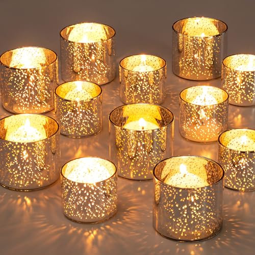 NUPTIO Bougies Votives Argent : 12 Bougies Votives et Bougies Flottantes en Verre de Mercure pour Noël Mariage Centre de Table 4cm & 5cm Hauteur
