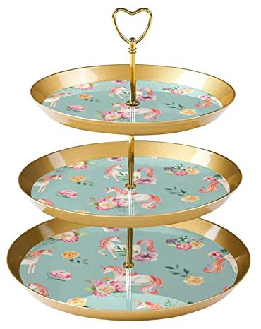 JAVENPROEQT 3-Tier Cupcake Stand Cake Holder, Unicorn Watercolor Flowers Pattern Reusable Serving Tray Pastry Display Tower for Birthday Baby Shower Tea Party