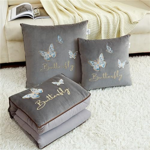 Hixingo Reisedecke und Kissen 2 in 1, Reisedecke mit Kissen Set Multifunktionale Reise Decke und Kissen 2 in 1 Weichem Flugzeug Verwandlungskissen für Urlaub, Camping (50 * 50cm,Schmetterling-Grau)