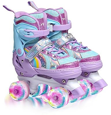 OLYSPM Rollschuhe Kinder Rollschuhe Verstellbar Rollschuhe Damen,LED Rollschuhe und 4 Größen verstellbar,Rollschuhe mit Aufbewahrungstasche für Mädchen,Jungen und Anfänger(Lila)