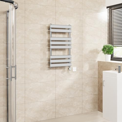 Warmehaus Flat Panel Electric Towel Rail Touch Screen Chrome 800x450mm | Timer, Thermostatic, Mild Steel, 3 Operating Modes, LCD Display, Dual Fuel, Bathroom Ladder Radiator, Prefilled