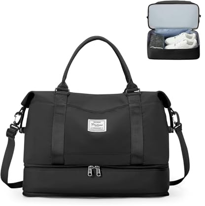 HPLQQ Weekendväska för kvinnor, sportväska, 40x30x20 cm, Ryanair handbagageväska, sjukhusväska, reseväska, badväska, träningsväska med skofack för flygresor, A02-Svart