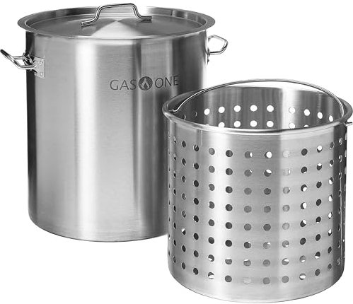 GasOne Olla de acero inoxidable con cesta – Olla de 84 cuartos con tapa y parte inferior reforzada – Olla de cocina resistente para freír, freír pavo, elaborar cerveza, sopa, hervir mariscos - Acabado