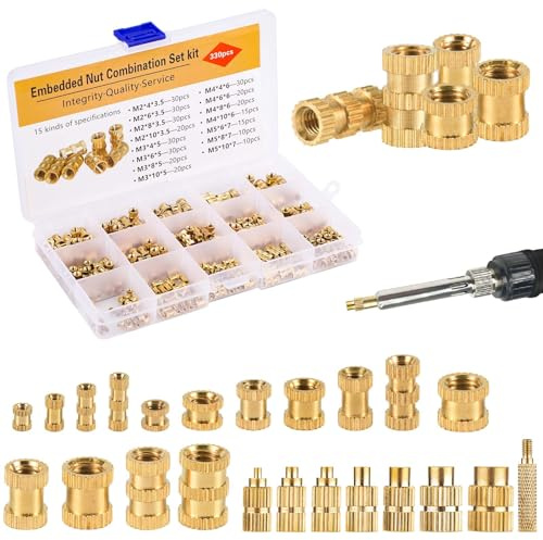 Jeu d'Inserts Filetés, 1 Tige Chauffante en Fer Chaud et 7 Embouts d'Inserts Chauffants 330 Écrous en Laiton Écrous Moletés à Filetage Femelle pour Composants en Plastique et d'Impression 3D