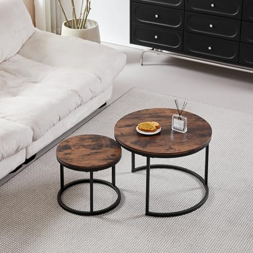 DEYARNA HOME Rund Satztische Couchtisch 2er Set, Moderner Nesting-Tisch mit Stabilem Metallgestell, Geeignet für Wohnzimmer, Balkon, Büro, Groß: 60 * 60 * 45cm; Klein: 40 * 40 * 35cm (Retro Braun)