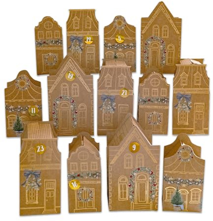 Papierdrachen Adventskalender 2025 - DIY Set mit 24 Häuschen aus Packpapier - Faltschachteln zum Basteln und Befüllen für Kinder & Erwachsene