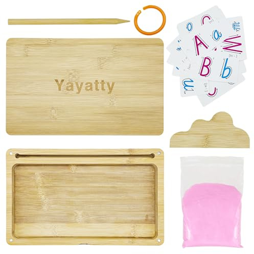 Yayatty Montessori Zeichnung Sandtablet aus Holz, Montessori Sandtisch Lerns Pielzeug mit Sand, Stift, Karten für Kinder Schreiben Buchstaben und Zahlen, Zeichnen, 26 x 16 cm, Rosa