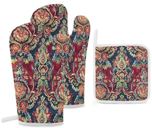 Lot de 3 gants de cuisine et maniques résistants à la chaleur avec pois rouges pour barbecue, gants de cuisine pour cuisine, pâtisserie, grillades