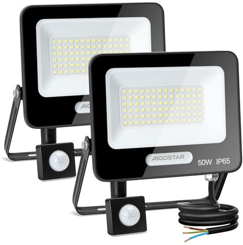 Aigostar 50W Floodlights, Pir Security Lights Outdoor Motion Sensor, Outside Spot Light 4600 Lumens, IP65 Waterproof LED Flood Light 6500K, PIR Outdoor Lights for Backyard, Garden, Patio Black 2 Pack