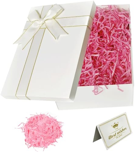 XWCHASA Premium presentförpackning med lock, 25 x 18 x 8,5 cm, presentbox set med rosetter, gratulationskort, raffia Hamper Shreds för bröllop, mors dag, födelsedag, jul, alla hjärtans dag (vit)