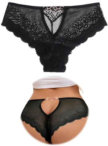 ohmydear Women's Lace Brazilian Knickers Sexy Panties Lingerie UK | Cut-Out Back with Heart Charm, Breathable Ladies Tanga Thong, Plus Size Sheer Underwear
