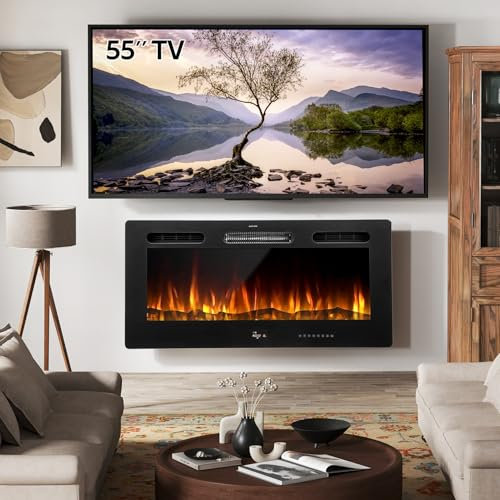 UNIONLINE 102cm Electric Fireplace Wall Mounted Insert with 10 Color LED Flames,Black Media Fireplace with Remote, Touch Screen, Crystal & Log, 1000-2000W