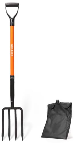 KOLEIYA Fourche de jardin à 4 dents, fourche robuste pour jardinage, fourchette à creuser et fourche à bêcher pour ameublir le sol, fourche à compost avec poignée en fibre de verre, 114,3 cm