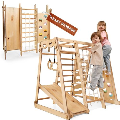 Goodevas Verbessert 9-in-1 Klettergerüst Indoor für Kinder, Montessori Klettergerüst mit Rutsche, Schaukel, Kletterwand, Kletterdreieck – Spielplatz für Kinderzimmer