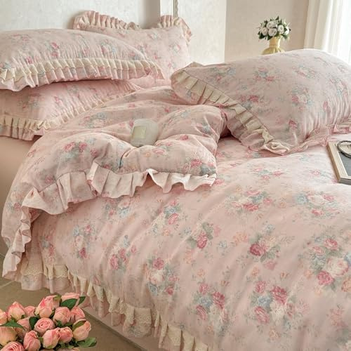 GETIYA Rosa Vintage Blumen Bettwäsche 135x200 Mädchen Damen Baumwollgarn Bettwäsche Set mit Rüschen Bettbezug Blümchen Muster Weich Baumwolle Deckenbezug Einzelbett mit 1 Kissenbezug 80x80