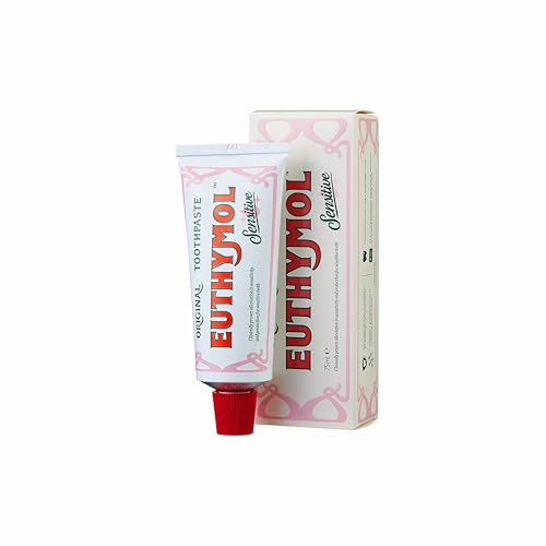 Euthymol känslig tandkräm 75 ml, fluoridtandkräm för känsliga tänder, plackborttagning, hålskydd, antibakteriell, glutenfri, tymol och mentol, fräschar andningen, mild tandvård