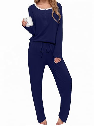 Aseniza Pyjama Femme Hiver Coton Manches Longues Ensembles de Femme Deux Pièces Confortabl Vêtements De Nuit Bleu Foncé,M
