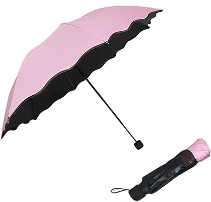 CALLARON Paraguas Plegable Borde de Hoja de Loto y Estampado Floral, Revestimiento Negro Bloqueador Uv, para Mujer y Niña, Uso Solar y Lluvia, Tamaño Compacto, Color Rosa