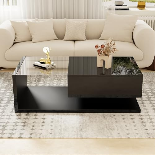 REXO Mesa de centro de color negro brillante con efecto LED