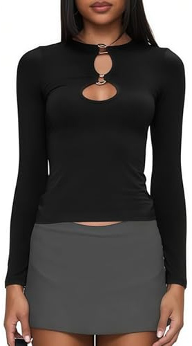 Sukiglam Maglietta a Manica Lunga Donna Sexy Scollo a Buco T-Shirt Elegante Y2K Top Aderente Basic Elasticizzato Camicetta Morbidi Pullover Tinta Unita per Autunno Inverno Moda Casual Streetwear