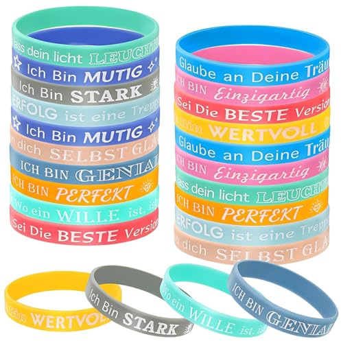 LAKPYN 24 PCS Pulsera inspiradora para niños alemanes motivacionales para niños silicona, pequeños regalos para niños Pulseras de Silicona y Goma, Multicolor, Brazalete Elástico