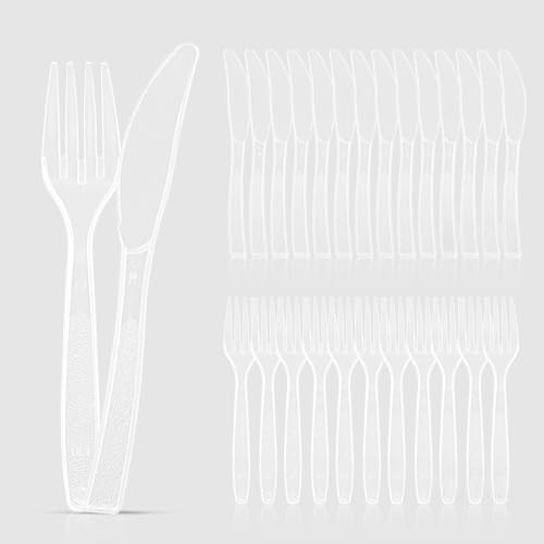 Plastikbesteck, 200 Stück Plastikbesteck Set, Wiederverwendbar Party Besteck Enthalten Plastikgabeln Plastik Messer Party Besteck Plastik für Partys Outdoor Abendessen (schwarz) (transparent)