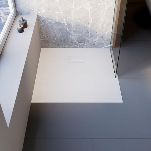 Schulte Duschwanne 90x90 cm Komplettset inkl. Ablauf und Füßen, DWM-Tec Midra mit Steinstruktur mit Rutschsicherheitsklasse B, Weiß, extra flach