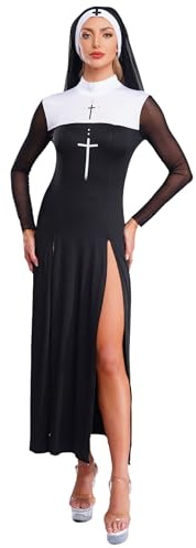 Yihuimin Nonnen Kostüm Damen Langarm Klosterschwester Nonnenkleid Religiöses Outfit Mit Kopfbedeckung Karnevalskostüm Rave Clubwear