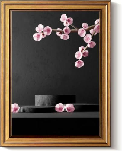 Vintage Gold Framed Wall Art Decor Retro Black marble product podium cherry blossom flowers dark Canvas Paintings Picture Poster Prints for Bathroom Living Room Bedroom Kitchen Artwork