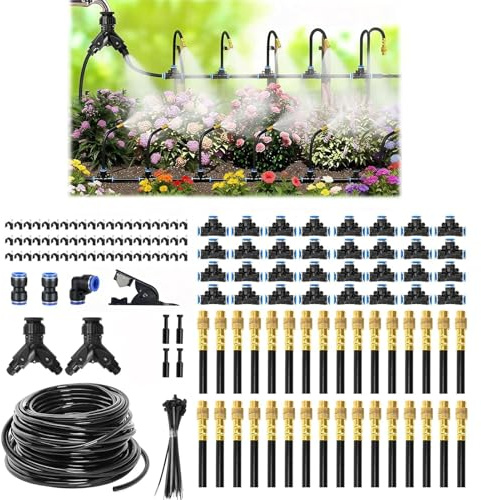 Bewässerungssystem Garten, 360° Einstellbar Bewässerungssystem, Bewässerungsschlauch Kit mit Einstellbare Düsefür Balkon, Garten, Gewächshaus, 60m