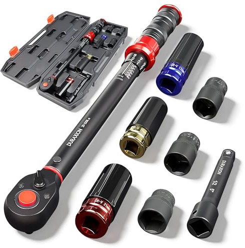 DURAXION 8-tlg. Drehmomentschlüssel Auto 1/2,20-230Nm,KFZ Werkzeugset | ±3% Genauigkeit,72 Zähne,mit 125mm Verlängerung,Stecknüsse,für PKW und Motorrad Reifenwechsel & Radmuttern Anziehen