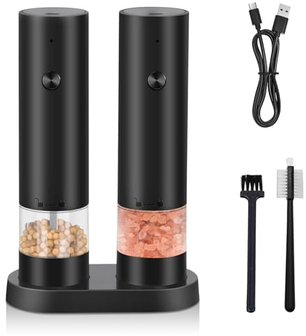 2 Stück Salz und Pfeffermühle Elektrisch - USB Wiederaufladbare Gewürzmühle mit Aufbewahrungsständer, Elektrische Pfeffermühle mit Einstellbarer Mahlstärke, Keramikmahlwerk für Küche Grillen Picknick