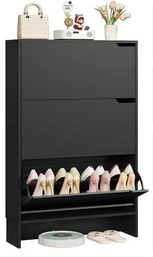 IRONCK Schuhschrank 3 Klappen, Schuhkipper Schmal, Schuhregal 3 Ebenen, Schuhaufbewahrung Holz, Schuhkommode Flur mit Verstellbarer Trennwand, für 18+ Paar Schuhe, 80 x 23.5 x 125.5 cm (Schwarz)