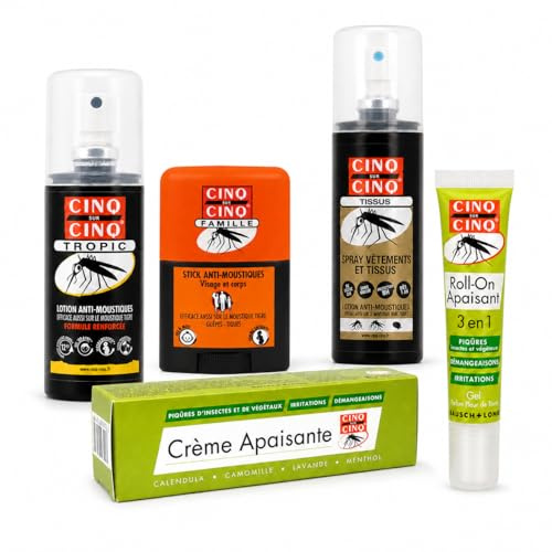 Cinq sur Cinq Pack Complet : Lot de 5 Produits Anti-Moustiques et Après-Piqûres – Spray Tropic, Stick Famille, Spray Tissus, Roll-On Apaisant et Crème Apaisante