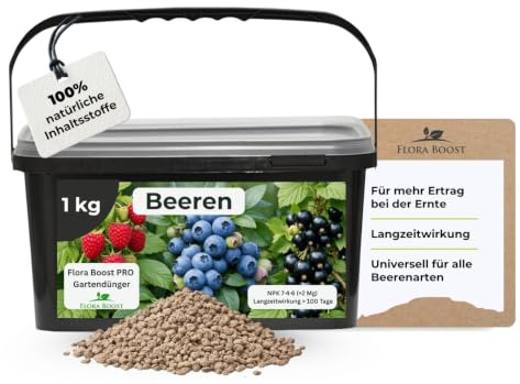 Flora Boost PRO Beeren Dünger mit Langzeitwirkung, 1KG Granulat | Pflanzendünger für Erdbeeren, Brombeeren, Himbeeren, Johannisbeeren & Co, für süße Früchte & hohe Erträge, NPK 7-4-6