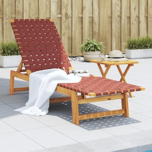 Zeiquah Solstol, trädgårdsstol, massivt trä, akacia med bord och tyg, röd, justerbar, vikbar för terrass, balkong, pool, relaxstol med hjul och stoppning för avkoppling och solbad