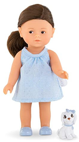 Corolle 9000240060 - Mini Corollines Romy mit Hund, Vollvinylpuppe mit langem Haar und süßem Hund in Geschenkbox, Vanilleduft, 20cm, ab 3 Jahren