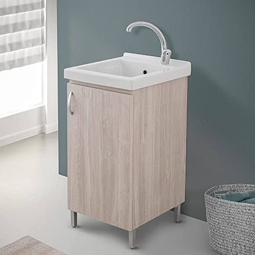 Mobile lavatoio Lavanderia in Legno con Vasca in Ceramica Resistente agli acidi, Completo di Kit sifone + piletta (Olmo, 45x50 cm 1 Anta)