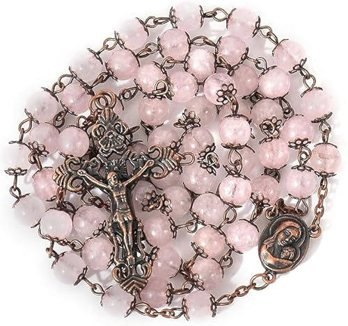 Nazareth Store Vintage-Rosenkranz aus natürlichen rosa Rosenquarz-Steinperlen, 8 mm, Heilige Erde-Medaille, Kreuz, Kruzifix, religiöse Rosenkränze-Halskette