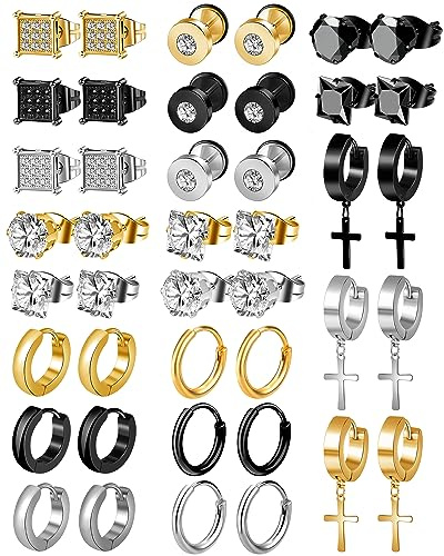 ONESING 21 Pairs Stainless Steel Earrings for Men Inlaid Cross Dangle Hinged Earrings Hoop CZ Stud Hypoallergenic Earrings Huggie Earrings Set for Women Men Ear Piercing Jewelry Black Steel Gold