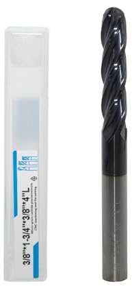 JIANXING 3/8 Extra Long Carbide Ball Nose End Mill for Alloy Steels/Hardened Steels, 4 Overall Length End Mill Bits, 4 Flute HRC 55 Deg AlTiN Coating, CNC Router Bits (1 Piece)
