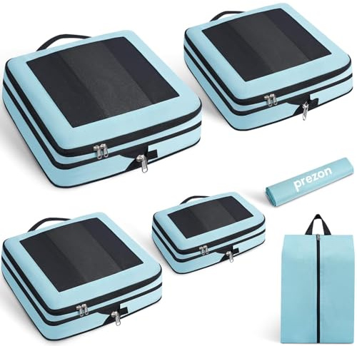 Prezon Cubi da viaggio compressibili, design apribile e visibile, set di 6 organizer espandibili con sacca biancheria e scarpe. Per bagagli a mano, vacanze, campeggio e lavoro, Menta