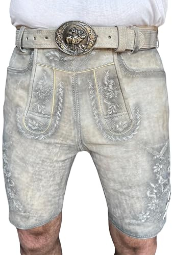 Sterling Sports Herren Lederhose Kurz Antik Mit Gürtel - Traditionelle Lederhose Für Herren, Oktoberfest Lederhosen Set - Trachtenhose Faschingskostüme Männer Shorts (Grau-48)