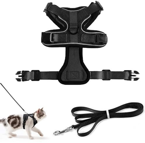 Katzenleine, Abreißsichere, Ausbruchsicher Verstellbare Katzenleine, Leine für die Weste, Katzengeschirr mit Leine, Softgeschirr für Katze Brustgeschirr Cat Harness, Schwarz (XS)