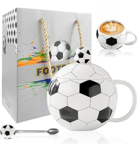 Taza de fútbol, taza de café de fútbol, 400 ml, tazas de capuchino, taza de café de fútbol, con tapa y cuchara, regalos de fútbol, taza de cerámica para niños, niñas, amantes del fútbol, regalos de
