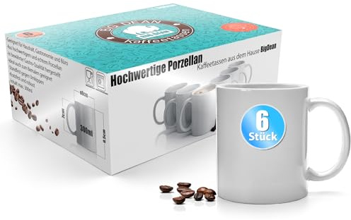 6 Kaffeebecher weiß 300ml Kaffeetassen Porzellan in Geschenkverpackung | hochwertiges Tassen Set - Tassen zum Bemalen