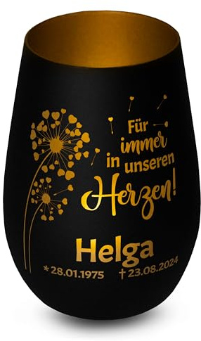 Elegantes personalisiertes Windlicht aus Glas in Schwarz-Gold Für Immer in unserem Herzen Gedenklicht für Verstorbene mit Gravur, Geschenk für Trauernde - Trauerlicht personalisiert mit Namen