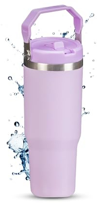 Tumbler with Handle Stainless Steel Insulated Water Bottle Flip Straw Tumbler Insulated Coffee Water Bottle Thermal for Cold Hot Coffee Drinking Cup Double Wall Vacuum Insulated Travel Mug (Lilac)